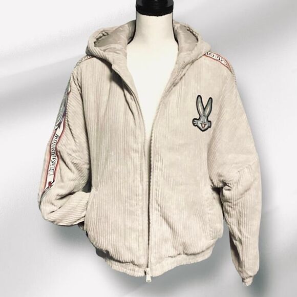 Looney Toons Members Only Bugs Bunny Corduroy Puffer Jacket in Taupe - Large - Picture 2 of 10